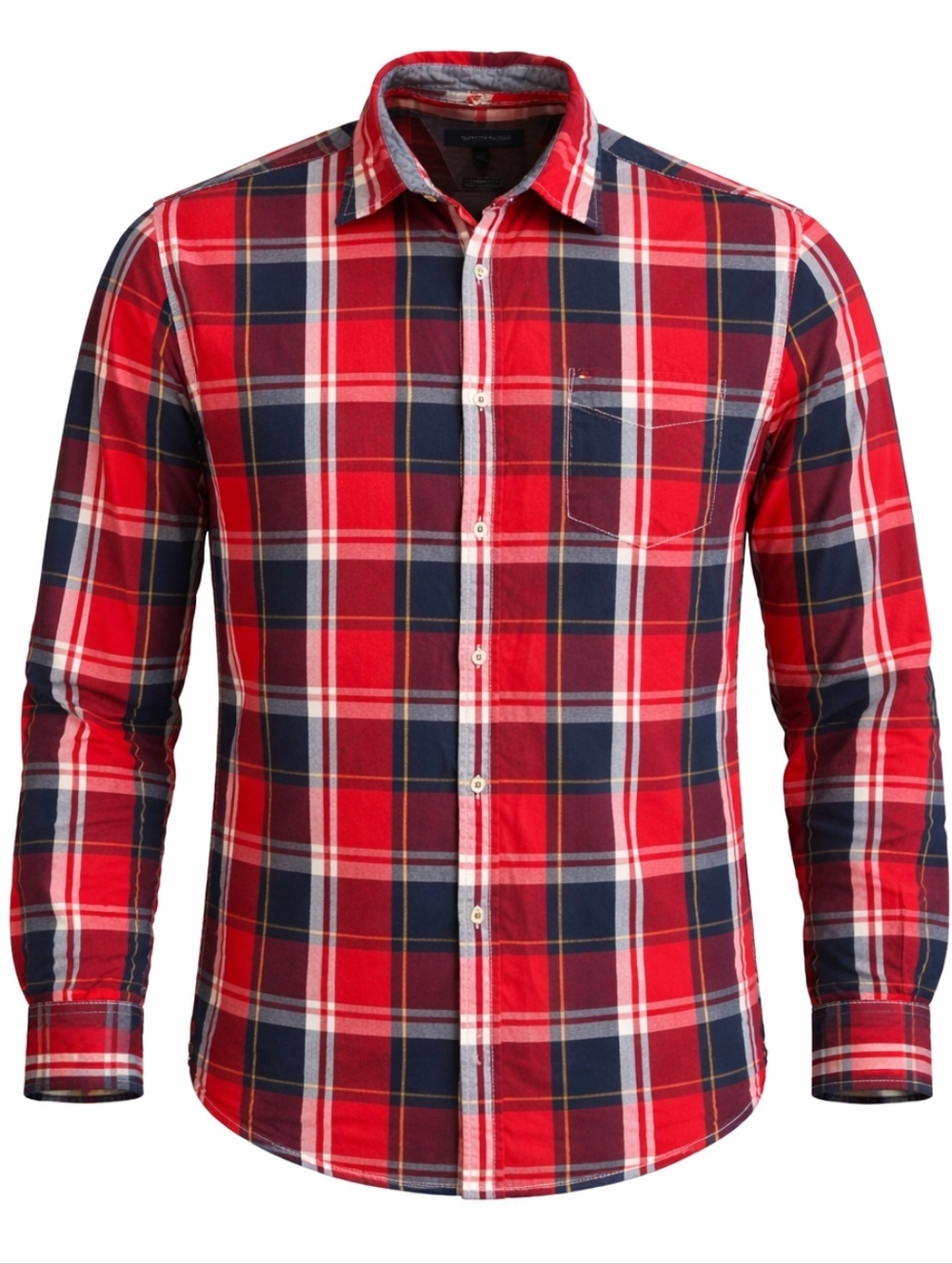 Tommy Hilfiger Men's Red and Navy Blue Plaid Casual Everyday Shirt Size XL